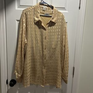 Womens Notations Metallic Gold Squares Sheer Button Down Long Sleeve Size 2X